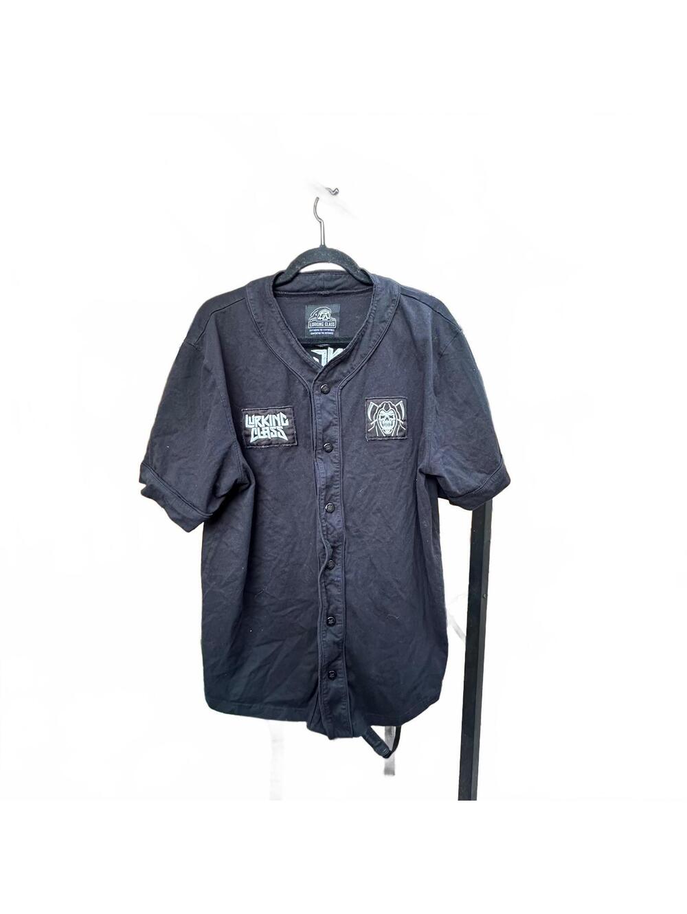 Lurking Class Black Button-Up Shirt with Skull Graphic Embroidered Patches XL
